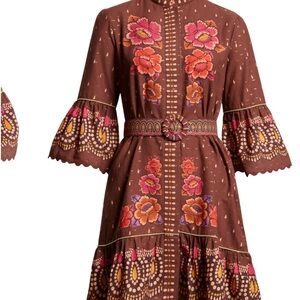 Farm Rio Belted A line dress in Bright Flora Brown